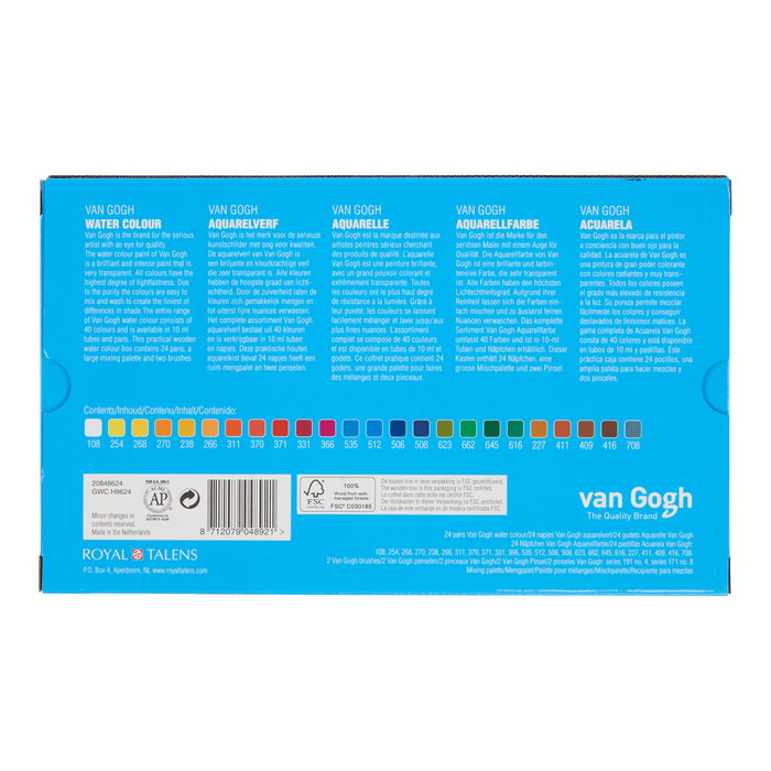 Van Gogh Set d'aquarelles en boîte en bois, 24 couleurs en demi-pastilles et 3 accessoires